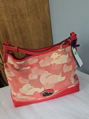🦆Dooney & Bourke Fairfield Champsac Red Jacquard Hobo Bag Leather Trim